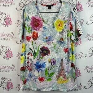 Alison Sheri tshirt rhinestone crystals Colorful Floral V-Neck Women's Tee
